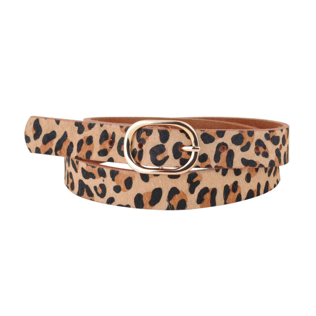 Leopard print belt with a gold buckle on a white background