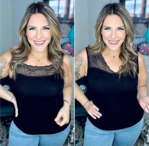 Woman wearing a black sleeveless top with lace detailing in two different settings.