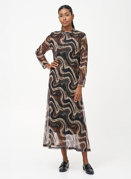 This image features a stylish and trendy mesh mock neck maxi dress, ideal for those seeking a blend of elegance and comfort. The dress sports a captivating swirl pattern in various shades of brown and white, contributing to its chic aesthetic.
