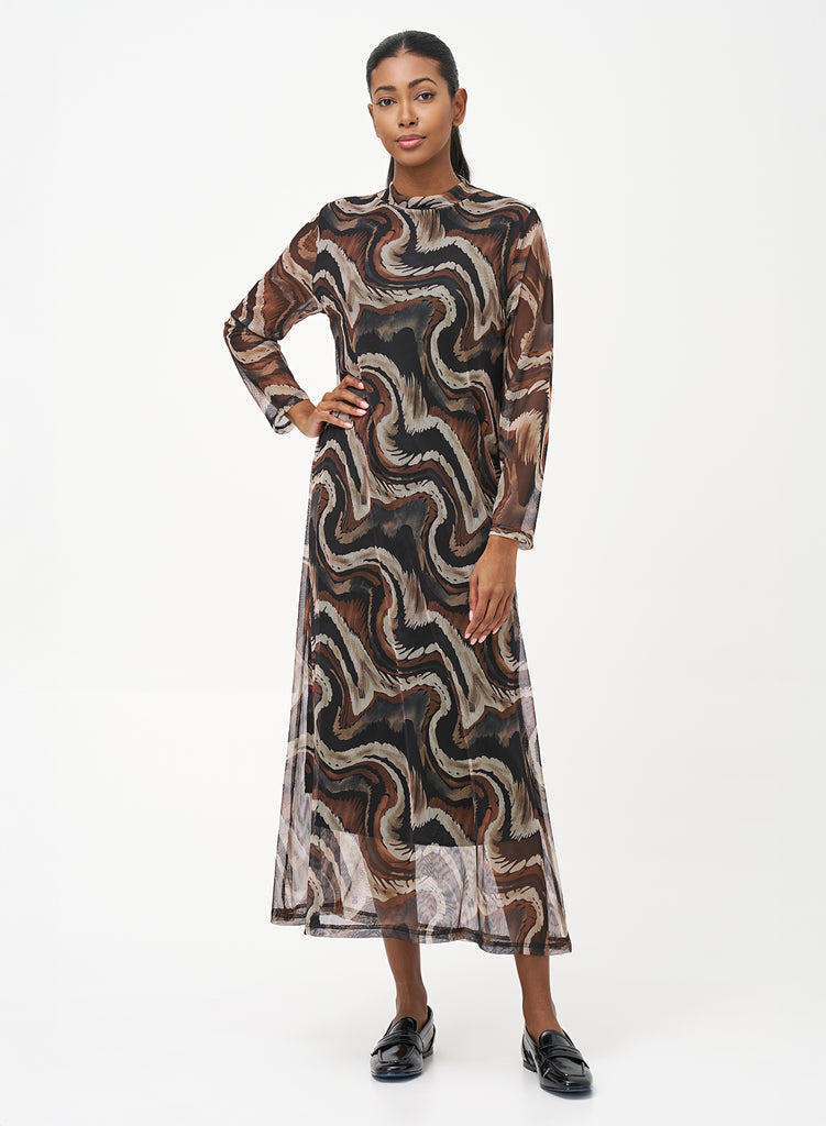 This image features a stylish and trendy mesh mock neck maxi dress, ideal for those seeking a blend of elegance and comfort. The dress sports a captivating swirl pattern in various shades of brown and white, contributing to its chic aesthetic.