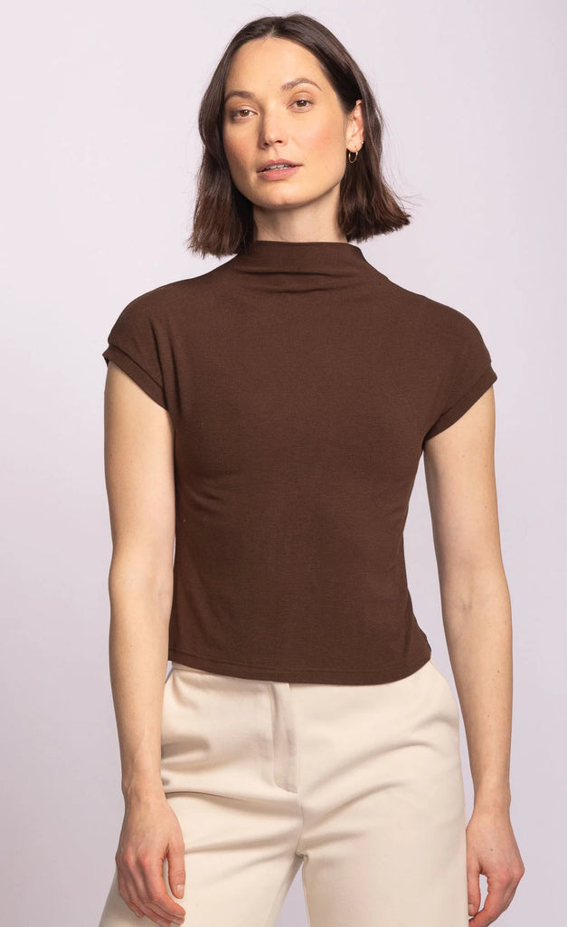Woman wearing a brown turtleneck top and beige pants against a light purple background