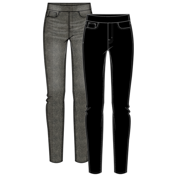 A pair of slim-fit ankle legging, one in solid black and one in a washed black denim style.