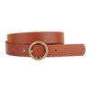 Brown leather belt with a gold ring buckle on a white background
