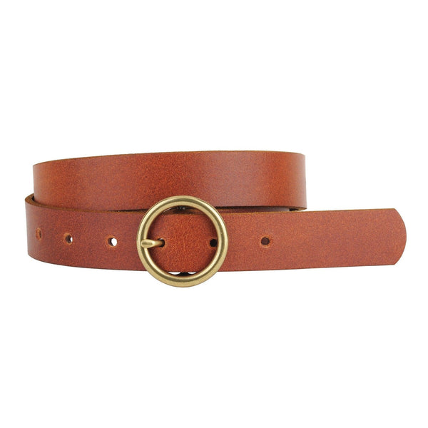 Brown leather belt with a gold ring buckle on a white background