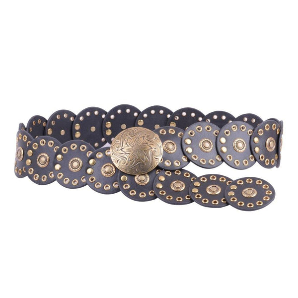 Decorative belt with gold studs and a central button on a white background