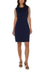 A navy blue sleeveless sheath dress with a round neckline, three-quarter sleeves, and a knee-length skirt.