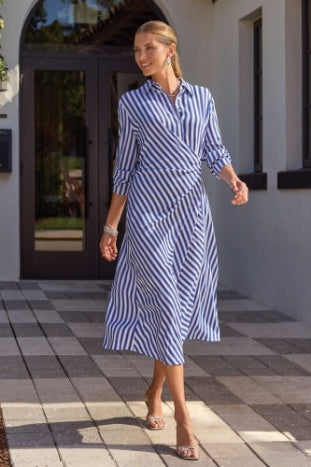 Striped Faux Wrap Knot Waist Midi Dress-White