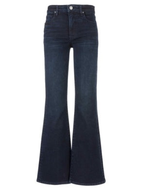 Dark blue flared jeans on a white background